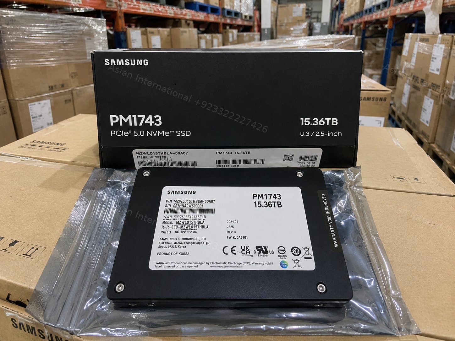 Samsung PM1743 15.36TB enterprise PCIe 5.0 NVMe SSD with retail packaging