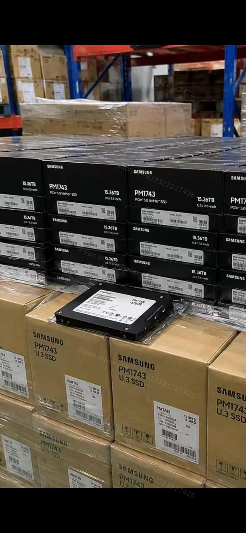 Samsung PM1743 product boxes and bare drive in warehouse