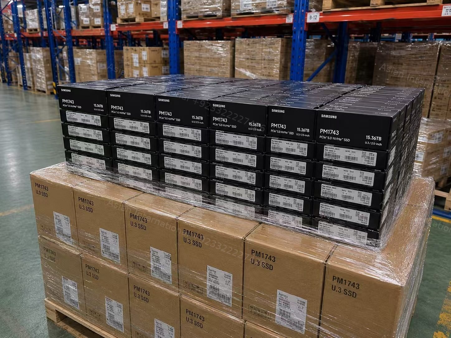 Pallet of boxed Samsung PM1743 SSD stock in warehouse